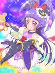  bear black_gloves black_hat bow bracelet cowboy_shot creature cure_magical earrings elbow_gloves gloves hair_bow hat izayoi_liko jewelry long_hair looking_at_viewer mahou_girls_precure! mini_hat mini_witch_hat mofurun_(mahou_girls_precure!) multicolored multicolored_background precure purple_eyes purple_hair purple_skirt red_bow skirt smile sparkle star star_in_eye symbol_in_eye tj-type1 witch_hat 