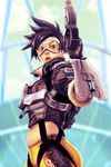  cropped_jacket eddie_holly goggles gun handgun lena_oxton looking_at_viewer midriff navel overwatch parted_lips solo spiked_hair tracer_(overwatch) weapon 