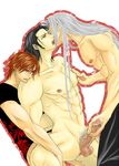  3boys abs anal angeal_hewley bara black_hair brown_hair character_request cum cum_on_body drooling final_fantasy final_fantasy_vii handjob kiss long_hair male_focus multiple_boys muscle nipples odanangi pecs penis saliva sephiroth sex short_hair silver_hair size_difference testicles yaoi zack_fair 