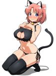 animal_ears bangs bare_shoulders bell bell_choker black_legwear black_panties black_ribbon blush breasts cat_cutout cat_ear_panties cat_ears cat_lingerie cat_tail chikuishi choker cleavage cleavage_cutout collarbone eyebrows eyebrows_visible_through_hair full_body hands_on_own_chest hands_on_own_face jingle_bell kneeling large_breasts meme_attire midriff mikakunin_de_shinkoukei navel panties parted_bangs pom_pom_(clothes) ponytail purple_eyes red_hair ribbon shade short_hair side-tie_panties smile solo stomach tail tareme thighhighs two_side_up underwear yonomori_kobeni 