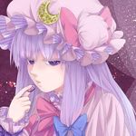  ameya_nihachi colored_eyelashes crescent face hair_ribbon hat highres lavender_hair long_hair long_sleeves looking_at_viewer mob_cap open_mouth patchouli_knowledge portrait purple_background purple_eyes ribbon solo touhou tress_ribbon valentine 