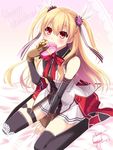  alisa_reinford black_legwear blonde_hair blush chocolate chocolate_heart covering_mouth detached_sleeves eiyuu_densetsu fingerless_gloves gift gloves hair_ornament hair_ribbon happy_valentine heart holding holding_gift long_hair looking_at_viewer mismatched_gloves morisaki_kurumi on_bed red_eyes ribbon sen_no_kiseki sen_no_kiseki_2 signature sitting sitting_on_bed solo thighhighs twitter_username two_side_up valentine wariza zettai_ryouiki 