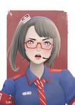  1girl artist_name bangs black_hair blush glasses highres internet_positif ipo-chan looking_at_viewer necktie open_mouth red-framed_eyewear red_eyes reijubv semi-rimless_eyewear sidelocks solo teeth under-rim_eyewear 