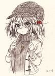  alternate_costume blush contemporary dated gotoh510 graphite_(medium) hair_bobbles hair_ornament hat highres jacket kawashiro_nitori key key_necklace long_sleeves looking_at_viewer monochrome paper_background short_hair solo sweater touhou traditional_media turtleneck twintails two_side_up upper_body 