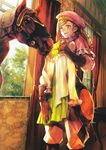  bangs barding blonde_hair bridle brown_eyes curly_hair curtains dress dress_removed drill_hair fire_emblem fire_emblem_cipher fire_emblem_if foleo_(fire_emblem_if) frills furikawa_arika gloves hat highres holding_clothes horse indoors light_smile long_hair long_sleeves male_focus official_art open_mouth otoko_no_ko pants parted_lips solo source_request standing swept_bangs table wallpaper_(object) window 