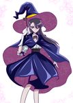  absurdres arudebido black_hair blue_eyes cape dress expressionless glasses gloves hat heartcatch_precure! highres long_hair looking_at_viewer precure purple_dress purple_hat solo standing tsukikage_yuri wand white_background white_gloves witch_hat 