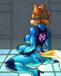  1girl 2016 340m/sec bodysuit crossover footwear fox_mccloud furry genderswap green_eyes high_heels latex metroid nintendo star_fox tail 