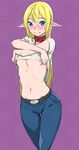  blonde_hair blue_eyes blush breasts denim elf gate_-_jieitai_ka_no_chi_nite_kaku_tatakaeri highres jeans long_hair medium_breasts navel no_bra pants pointy_ears shirt_lift simple_background smile solo stomach tuka_luna_marceau underboob undressing utu_(ldnsft) x_arms 