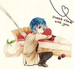  angel_beats! bad_id bad_pixiv_id blue_eyes blue_hair cake food fork fruit hinata_(angel_beats!) looking_back lowres maico_(a218) male_focus oversized_object school_uniform solo strawberry 