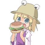  abekawa blonde_hair blue_eyes food hamburger hat moriya_suwako open_mouth short_hair solo touhou 