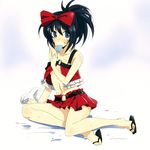  black_hair blue_eyes bow flat_chest food hair_bow kunihiro_hajime michael moon ponytail popsicle revealing_clothes saki sandals short_hair simple_background solo sweat 