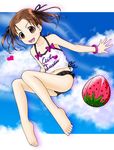  ball barefoot beachball bracelet brown_eyes brown_hair english feet flat_chest food fruit gotou_hisashi hair_ribbon heart ichigo_mashimaro jewelry matsuoka_miu midriff navel ribbon solo strawberry tank_top twintails 