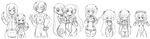  6+girls absurdres akagi_ritsuko akagi_ritsuko_(cosplay) cosplay drawfag everyone fang furude_rika greyscale hanyuu highres higurashi_no_naku_koro_ni houjou_satoko lineart maebara_keiichi monochrome multiple_girls neon_genesis_evangelion non-web_source pantyhose plugsuit rebuild_of_evangelion ryuuguu_rena siblings sisters smile sonozaki_mion sonozaki_shion takano_miyo test_plugsuit time_paradox twins younger 