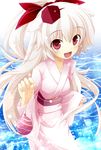  alternate_hairstyle animal_ears fang hat highres inubashiri_momiji japanese_clothes kanzaki_sora kimono long_hair looking_at_viewer open_mouth ponytail red_eyes silver_hair smile solo tokin_hat touhou wolf_ears 