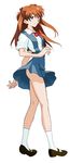  blue_eyes bow hair_ornament hairclip highres legs long_hair mary_janes miniskirt neon_genesis_evangelion no_panties non-web_source orange_hair ribbon school_uniform shoes skirt socks solo souryuu_asuka_langley wind wind_lift 