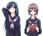  book kimino_tomonari long_hair multiple_girls original reading sailor_collar school_uniform short_hair 