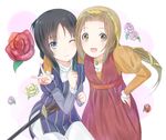  akiyama_mio arm_around_neck bad_id bad_pixiv_id banned_artist black_hair blue_eyes brown_eyes brown_hair cosplay flower hand_on_hip juliet_capulet juliet_capulet_(cosplay) k-on! long_hair mirai_(macharge) multiple_girls one_eye_closed purple_flower purple_rose red_flower red_rose romeo_and_juliet romeo_montague romeo_montague_(cosplay) rose sheath sheathed simple_background smile sword tainaka_ritsu v weapon white_flower white_rose wince 