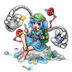  aozane barefoot between_toes blue_eyes blue_hair cucumber feet foot_hold hair_bobbles hair_ornament kawashiro_nitori lowres mechanical_arm open_mouth pixel_art rock short_hair sitting solo tools touhou twintails two_side_up 