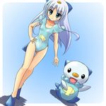  blue_eyes casual_one-piece_swimsuit flippers freckles gen_5_pokemon hand_on_hip moemon one-piece_swimsuit oshawott personification pokemon pokemon_(creature) swimsuit tenjou_ryuka thigh_gap white_hair 