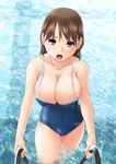 anegasaki_nene breasts brown_eyes brown_hair cleavage competition_school_swimsuit highres kantori large_breasts love_plus mole mole_under_eye one-piece_swimsuit open_mouth solo swimsuit tears water wet 