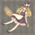  apron bad_id bad_pixiv_id blonde_hair bow braid broom broom_riding checkered colored_eyelashes dress eyelashes hair_bow hat kirisame_marisa long_hair mary_janes mizutamako shoes smile socks solo touhou waist_apron witch_hat yellow_eyes 