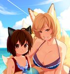  animal_ears beach bikini blonde_hair breasts brown_eyes brown_hair cat_ears chen cleavage commentary_request day earrings face fox_ears fox_tail jewelry kiri_futoshi large_breasts multiple_girls multiple_tails no_hat no_headwear outdoors short_hair small_breasts smile swimsuit tail touhou water yakumo_ran yellow_eyes 