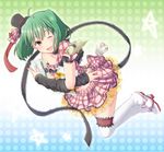  ahoge arm_warmers blush bow chips choker face fang food green_hair hat k.y_ko macross macross_frontier midriff mini_hat mini_top_hat one_eye_closed polka_dot ranka_lee ribbon short_hair skirt smile solo star thighhighs top_hat white_legwear 