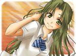  blush green_eyes green_hair hair_ribbon higurashi_no_naku_koro_ni long_hair ribbon smile solo sonozaki_shion yuuna_katsumi 