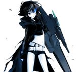  bad_id bad_pixiv_id belt black_hair black_rock_shooter black_rock_shooter_(character) black_rock_shooter_(character)_(cosplay) burning_eye cosplay crossdressing gundam gundam_00 hood hoodie male_focus mg_(mica) midriff navel otoko_no_ko setsuna_f_seiei short_hair shorts solo weapon 