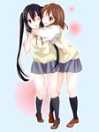  bad_id bad_pixiv_id black_hair brown_eyes brown_hair hirasawa_yui hug k-on! legs long_hair multiple_girls nakano_azusa one_eye_closed school_uniform short_hair shuri_(9818) twintails 