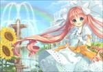  :d bad_id bad_pixiv_id dress drill_hair flower fountain gloves green_eyes hair_ribbon long_hair open_mouth original parasol pink_hair rainbow ribbon smile solo sunflower twintails umbrella very_long_hair wings yashiro_seika 