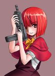  akai_ringo_(ookami-san) bangs blunt_bangs bow capelet gun kirisamemaru ookami-san red_eyes red_hair short_hair smile solo submachine_gun weapon 