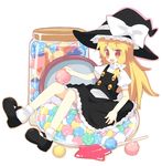  candy food full_body hat in_food jar kirisame_marisa konpeitou lollipop mary_janes meito_(maze) minigirl shaped_lollipop shoe_dangle shoes skirt solo touhou witch_hat 