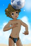  bad_id bad_pixiv_id ball blue_eyes brown_hair highres inazuma_eleven inazuma_eleven_(series) male_focus male_swimwear soccer_ball solo swim_briefs swimwear tachimukai_yuuki telstar torajimaneko 