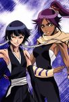  armpits artist_request black_hair bleach highres japanese_clothes multiple_girls ponytail purple_hair shihouin_yoruichi short_hair short_hair_with_long_locks sui-feng yellow_eyes 