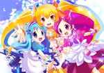  apron bad_id bad_pixiv_id blonde_hair blue_background blue_dress blue_hair bow choker cure_blossom cure_marine cure_sunshine dress hanasaki_tsubomi heart heartcatch_precure! kurumi_erika magical_girl multiple_girls myoudouin_itsuki orange_bow orange_choker pink_bow pink_choker pink_dress pink_eyes pink_hair precure rainbow_order sakamaki_akimu yellow_bow yellow_eyes 