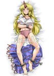  barefoot blonde_hair blush breasts cameltoe cuffs dakimakura fang feet full_body horn hoshiguma_yuugi large_breasts long_hair lying navel on_back red_eyes sample shirt smirk solo taut_clothes taut_shirt touhou tsuki_wani 