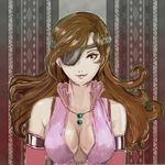  beatrix breasts brown_hair cleavage curly_hair elbow_gloves eyepatch final_fantasy final_fantasy_ix gloves jewelry long_hair medium_breasts necklace plumsyrup 