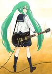  from_behind green_eyes green_hair guitar hatsune_miku highres instrument legs long_hair looking_back school_uniform serafuku shuuhei_(shoohey) socks solo twintails very_long_hair vocaloid 