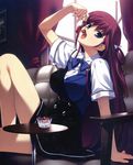  asymmetrical_clothes blue_eyes breasts cherry couch curtains eating food fruit fumio_(ura_fmo) grisaia_(series) grisaia_no_kajitsu holding holding_food holding_fruit large_breasts long_hair looking_at_viewer open_mouth purple_hair ribbon school_uniform suou_amane window 