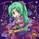  bad_id bad_pixiv_id bat_wings candy chocolate fang food green_eyes green_hair halloween hat higurashi_no_naku_koro_ni lowres pote_(ptkan) solo sonozaki_mion trick_or_treat wings 