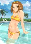  arm_support bikini brown_eyes brown_hair cloud day flat_chest hairband highres k-on! navel palm_tree pool shiny shiny_skin short_hair shu-z sky smile solo striped striped_swimsuit swimsuit tainaka_ritsu tree wading water 