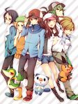  3girls adjusting_clothes adjusting_hat araragi_(pokemon) bad_id bad_pixiv_id baseball_cap bel_(pokemon) black_hair blonde_hair blue_eyes brown_eyes brown_hair cheren_(pokemon) chizu_(fiute) denim denim_shorts gen_5_pokemon glasses green_eyes green_hair hands_in_pockets hat highres holding_hands jacket jewelry multiple_boys multiple_girls n_(pokemon) one_eye_closed orange_legwear oshawott pantyhose pendant pokemon pokemon_(creature) pokemon_(game) pokemon_bw ponytail shorts snivy tepig touko_(pokemon) touya_(pokemon) vest 