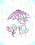  2girls :d bad_id bad_pixiv_id bat_wings blue_hair chibi flapping holding holding_umbrella karakasa_obake low_wings multiple_girls open_mouth penya purple_umbrella rain remilia_scarlet shared_umbrella short_hair smile tatara_kogasa touhou umbrella wings 