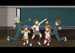  3girls asuka_domon bad_id bad_pixiv_id hare_hare_yukai ichinose_kazuya inazuma_eleven inazuma_eleven_(series) kino_aki letterboxed multiple_boys multiple_girls otonashi_haruna parody pose raimon_natsumi sao_(rakugakioukoku) school_uniform suzumiya_haruhi_no_yuuutsu 