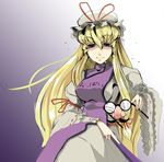  blonde_hair bow closed_fan colored_eyelashes eyelashes fan folding_fan funny_glasses glasses hair_bow hat hat_ribbon long_hair mine_(wizard) purple_eyes ribbon solo touhou translated very_long_hair yakumo_yukari 