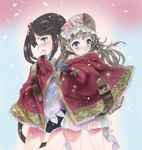  atelier_(series) atelier_totori belt black_hair blush brown_hair hat mimi_houllier_von_schwarzlang multiple_girls shared_clothes shared_coat snow totooria_helmold yuiganaoha yuri 