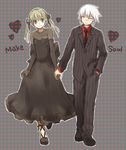  1girl blonde_hair closed_eyes couple dress formal green_eyes hand_in_pocket heart hetero holding_hands long_hair maka_albarn necktie ribbon saki_(bakura) short_hair smile soul_eater soul_eater_(character) suit twintails white_hair 