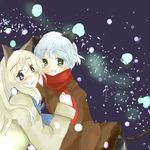  animal_ears bad_id bad_pixiv_id blonde_hair blue_eyes blush coat eila_ilmatar_juutilainen green_eyes gyuutai long_hair multiple_girls sanya_v_litvyak scarf short_hair silver_hair snow strike_witches tail world_witches_series 