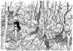  bare_shoulders detached_sleeves etogami_kazuya greyscale hakurei_reimu highres long_hair looking_back monochrome nature scenery solo stairs stone_lantern touhou tree 